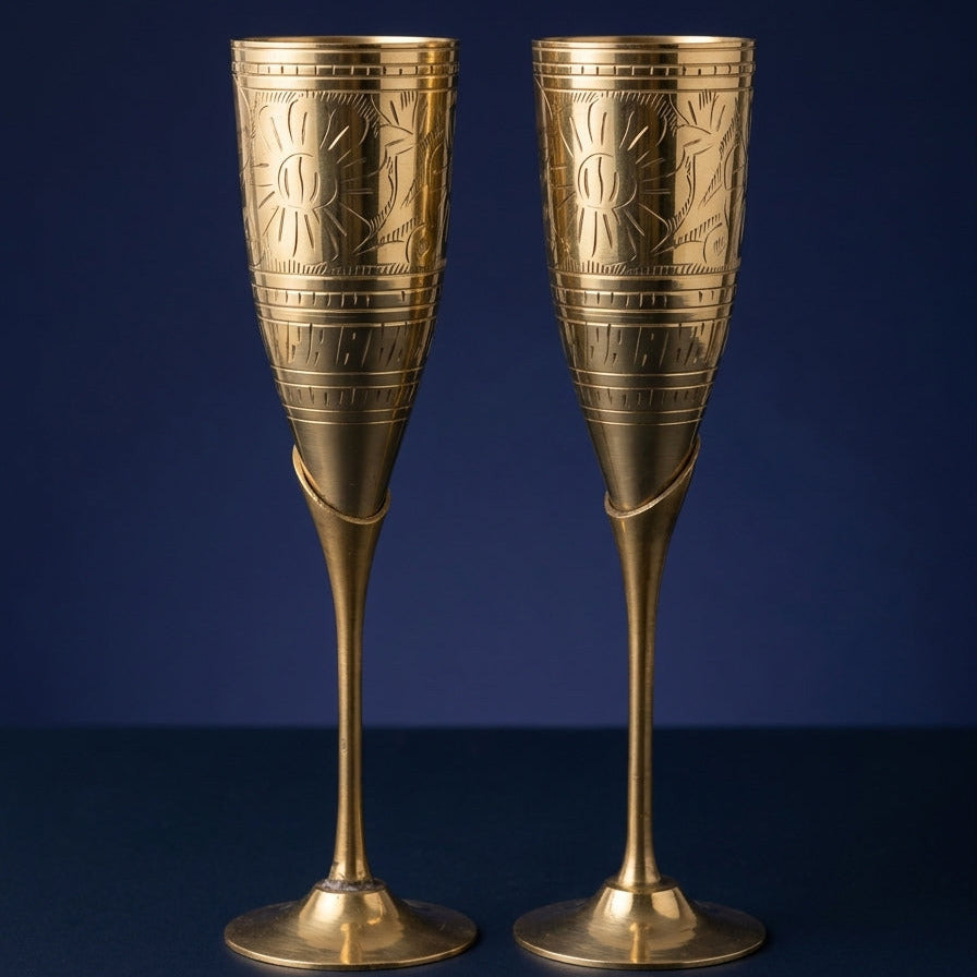 Handcrafted Brass Wine Goblet & Champagne Flute Set (Set of 2)