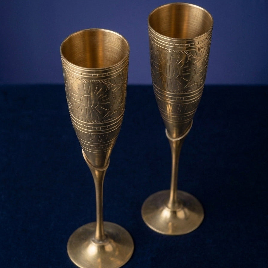 Handcrafted Brass Wine Goblet & Champagne Flute Set (Set of 2)