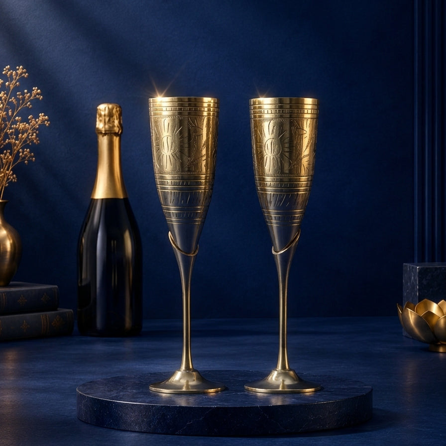 Handcrafted Brass Wine Goblet & Champagne Flute Set (Set of 2)