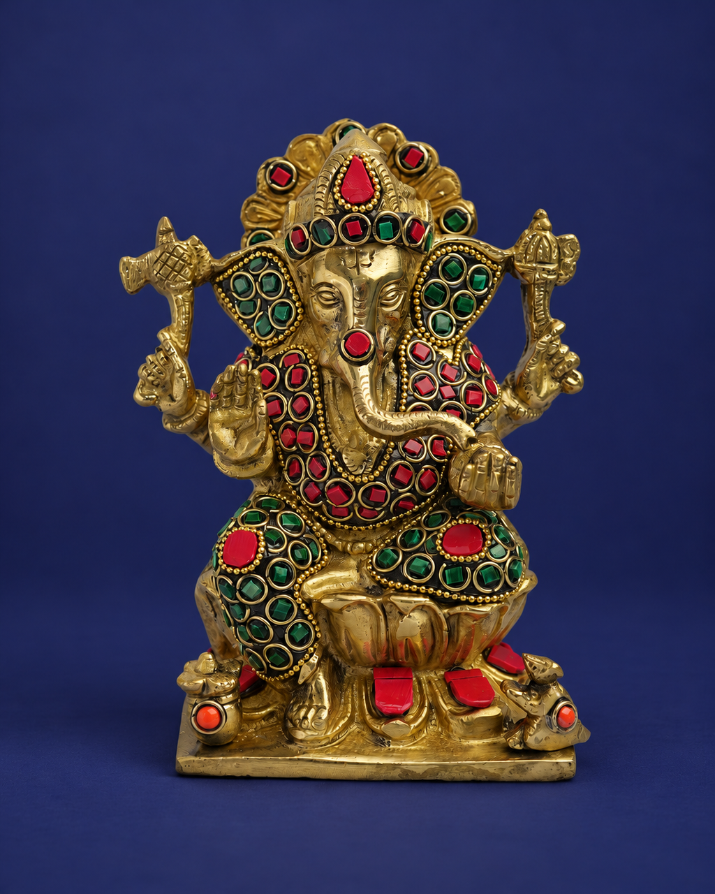 Handcrafted Brass Meenakari Lord Ganesha Idol – 5 Inch — Straight-on front