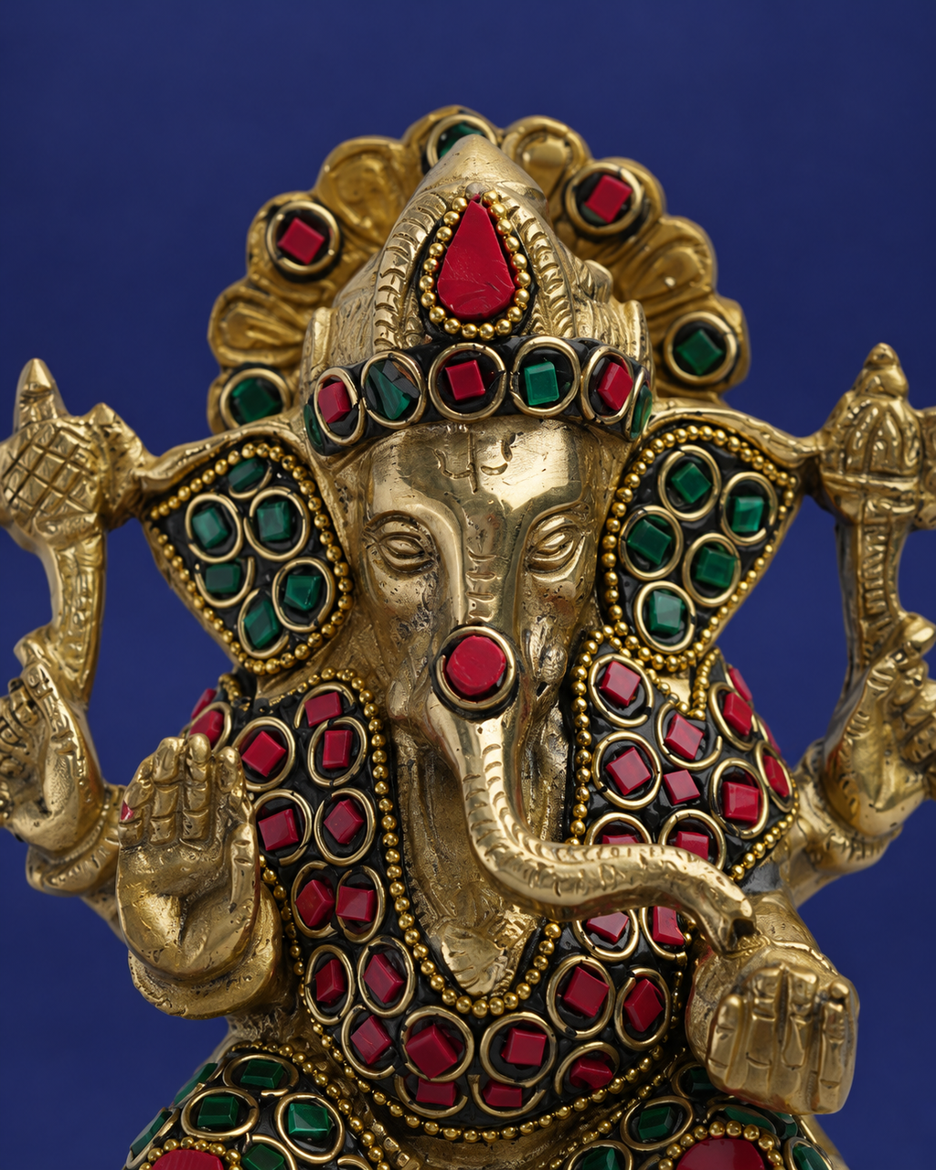 Handcrafted Brass Meenakari Lord Ganesha Idol – 5 Inch — Crown and ornament detail