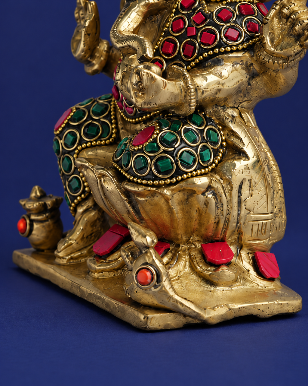 Handcrafted Brass Meenakari Lord Ganesha Idol – 5 Inch — Brass finish and pedestal detail