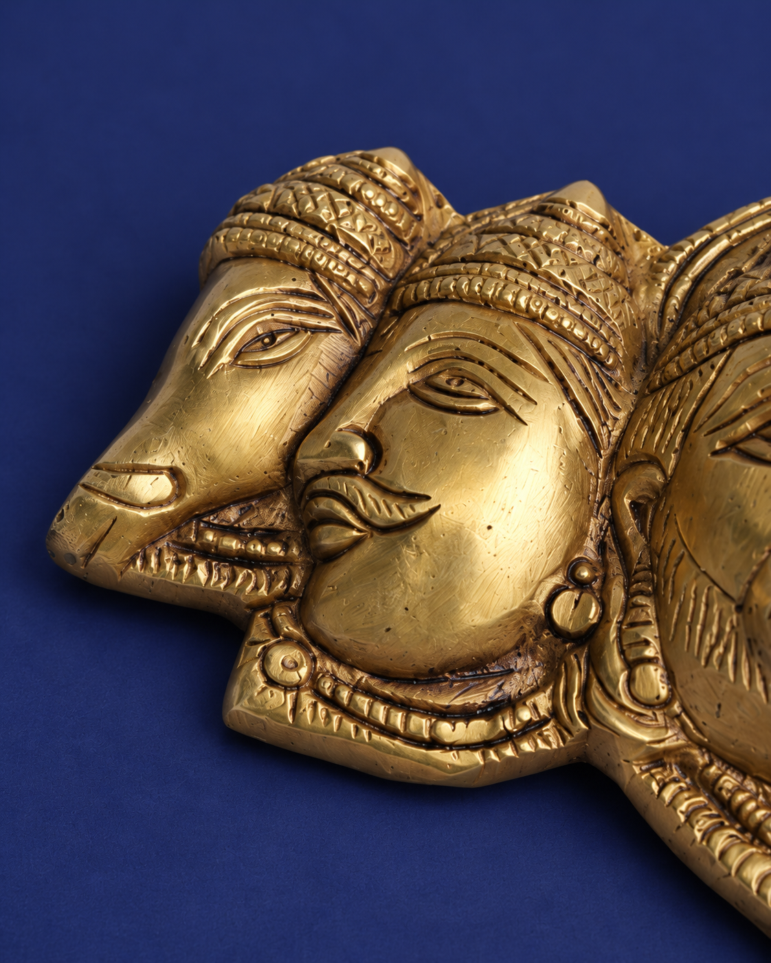 Brass Panchmukhi Hanuman Face Wall Hanging — Brass finish detail