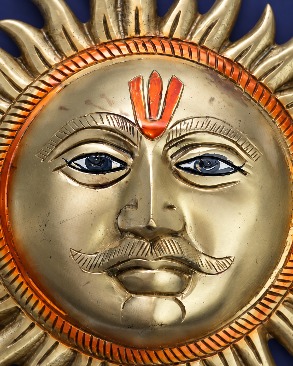 Brass Surya Narayan Face Wall Hanging — Carving detail