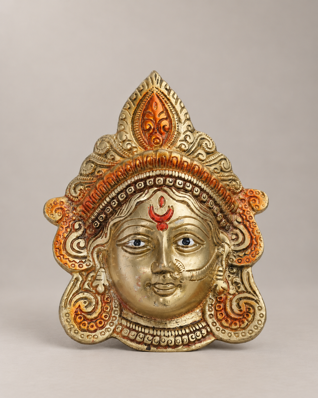 Brass Goddess Durga Face Wall Hanging — Front view