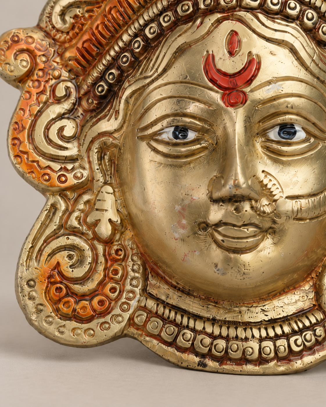 Brass Goddess Durga Face Wall Hanging — Finish detail