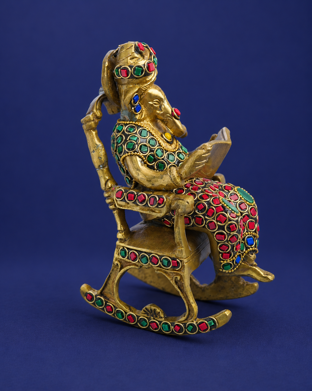Brass Ganesha Reading on Recliner with Inlay Work — Alternate view