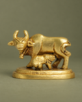 Brass Kamadhenu Cow with Calf Showpiece — Three-quarter hero