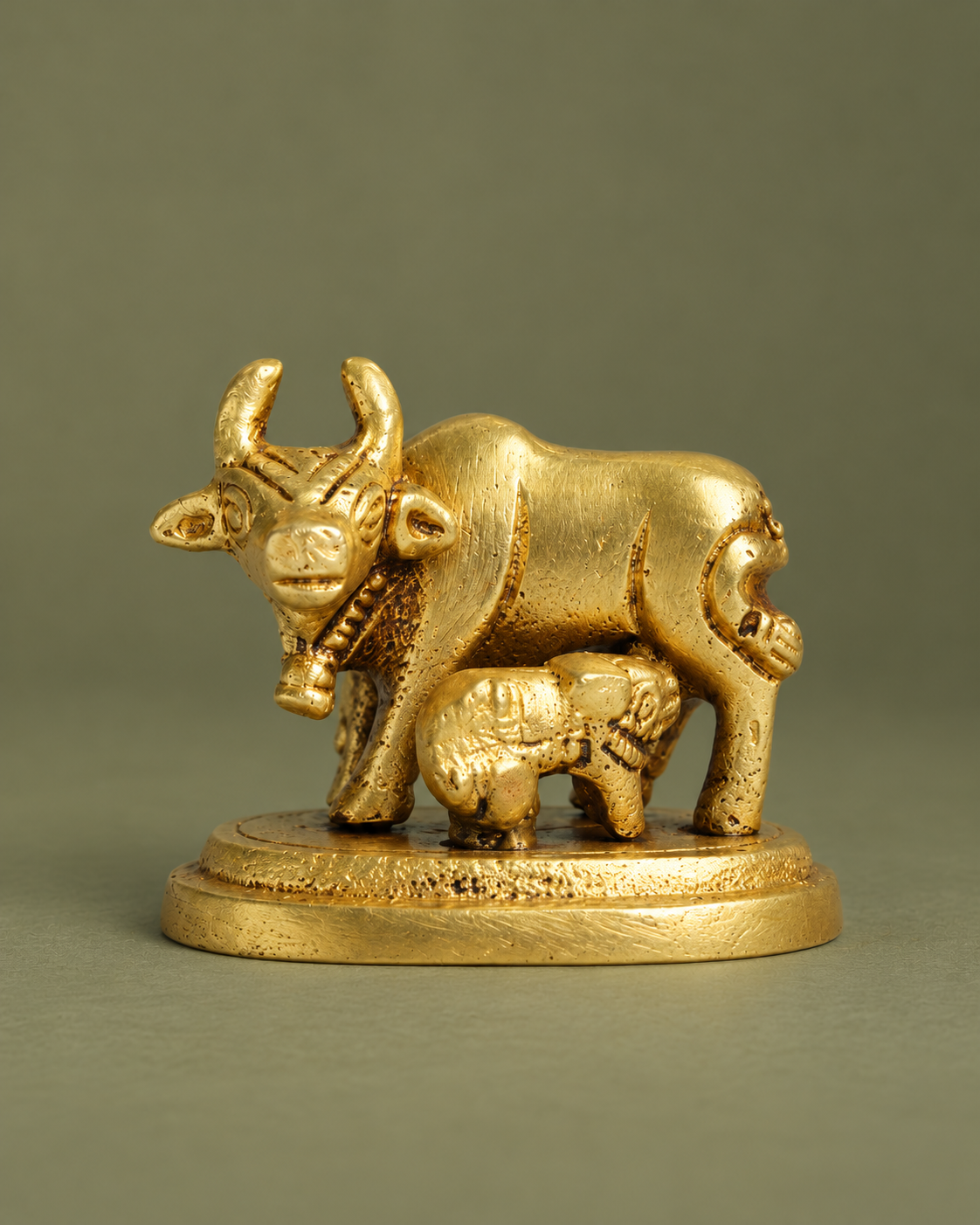 Brass Kamadhenu Cow with Calf Showpiece — Front view