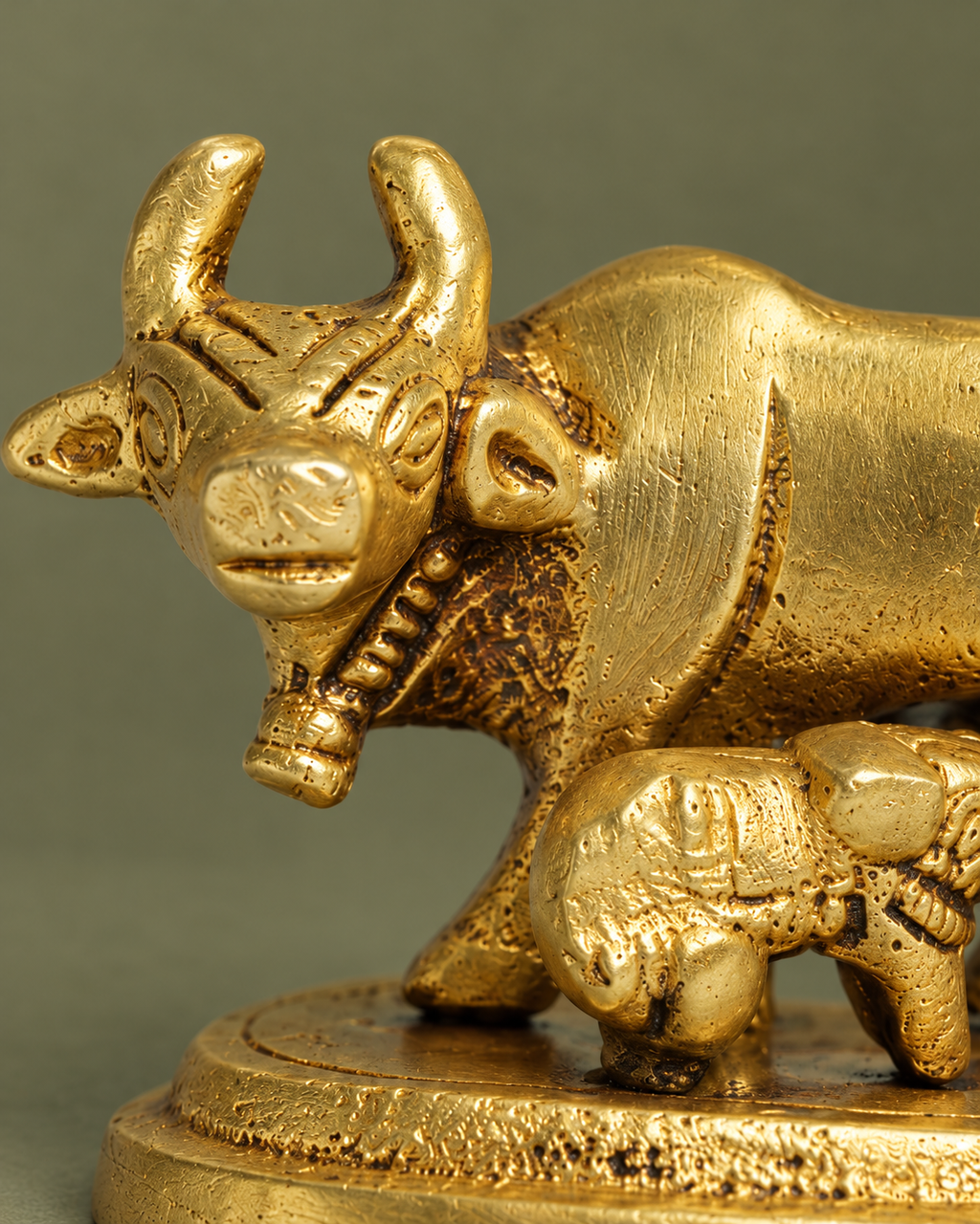 Brass Kamadhenu Cow with Calf Showpiece — Craft detail