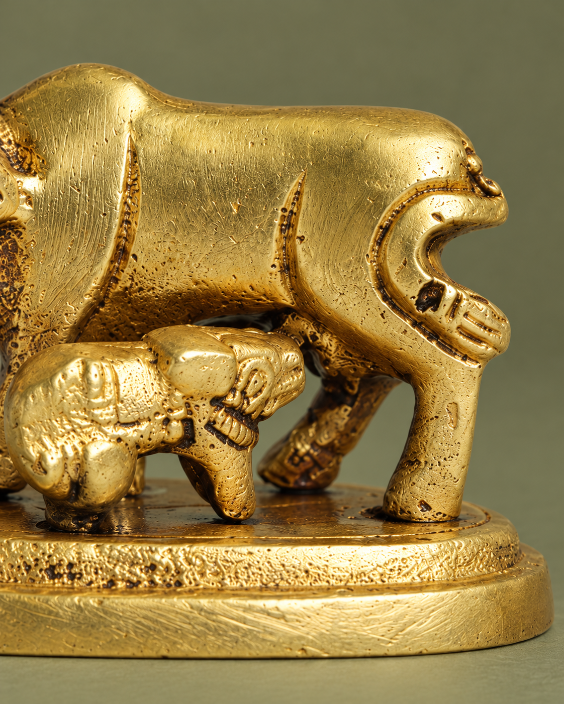 Brass Kamadhenu Cow with Calf Showpiece — Finish detail