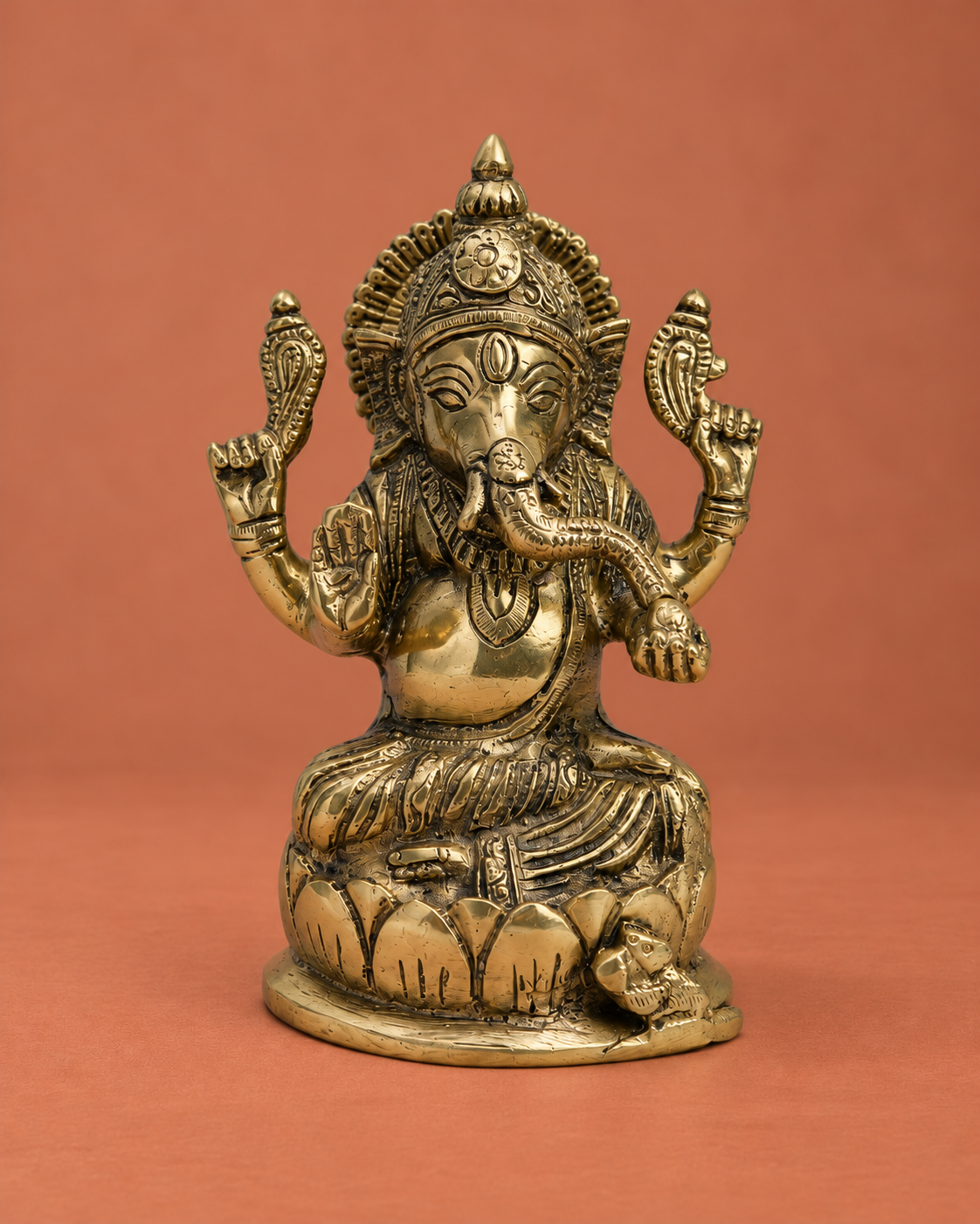 Brass Chaturbhuj Ganesha on Lotus Base — Front view