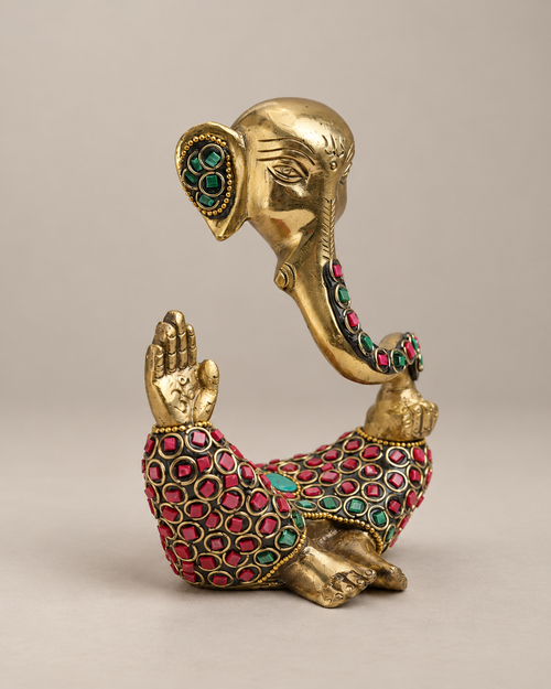 Brass Abstract Ganesha Figurine with Meenakari Work — Three-quarter hero