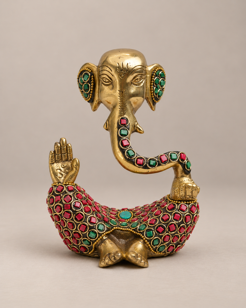 Brass Abstract Ganesha Figurine with Meenakari Work — Front view