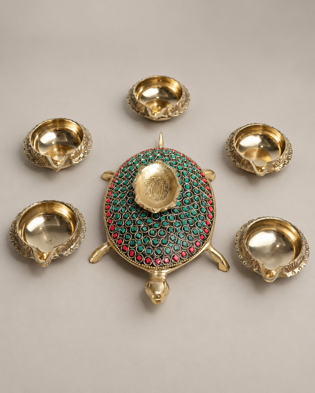 Brass Turtle Diya with Stone Work — Three-quarter hero