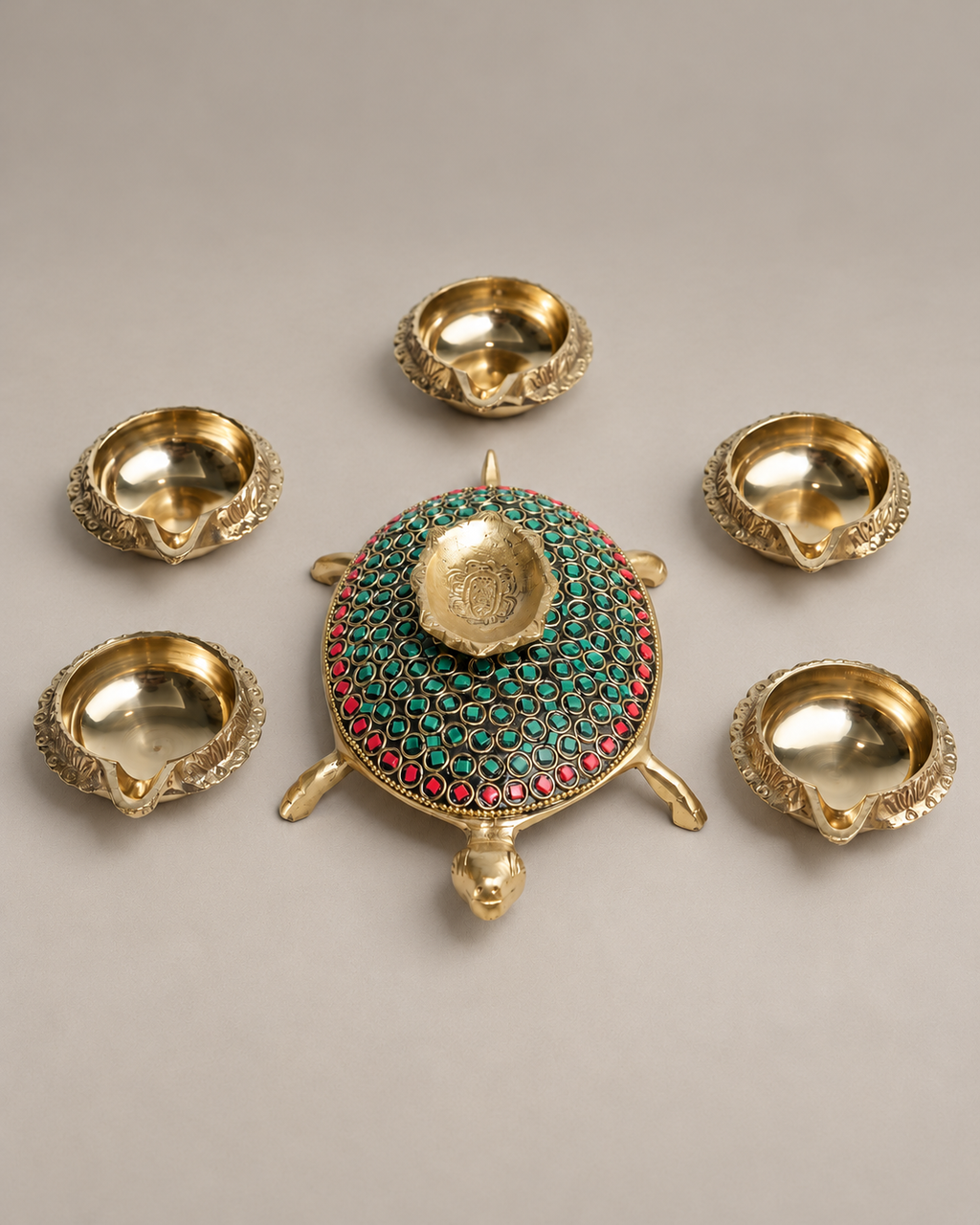 Brass Turtle Diya with Stone Work — Front view