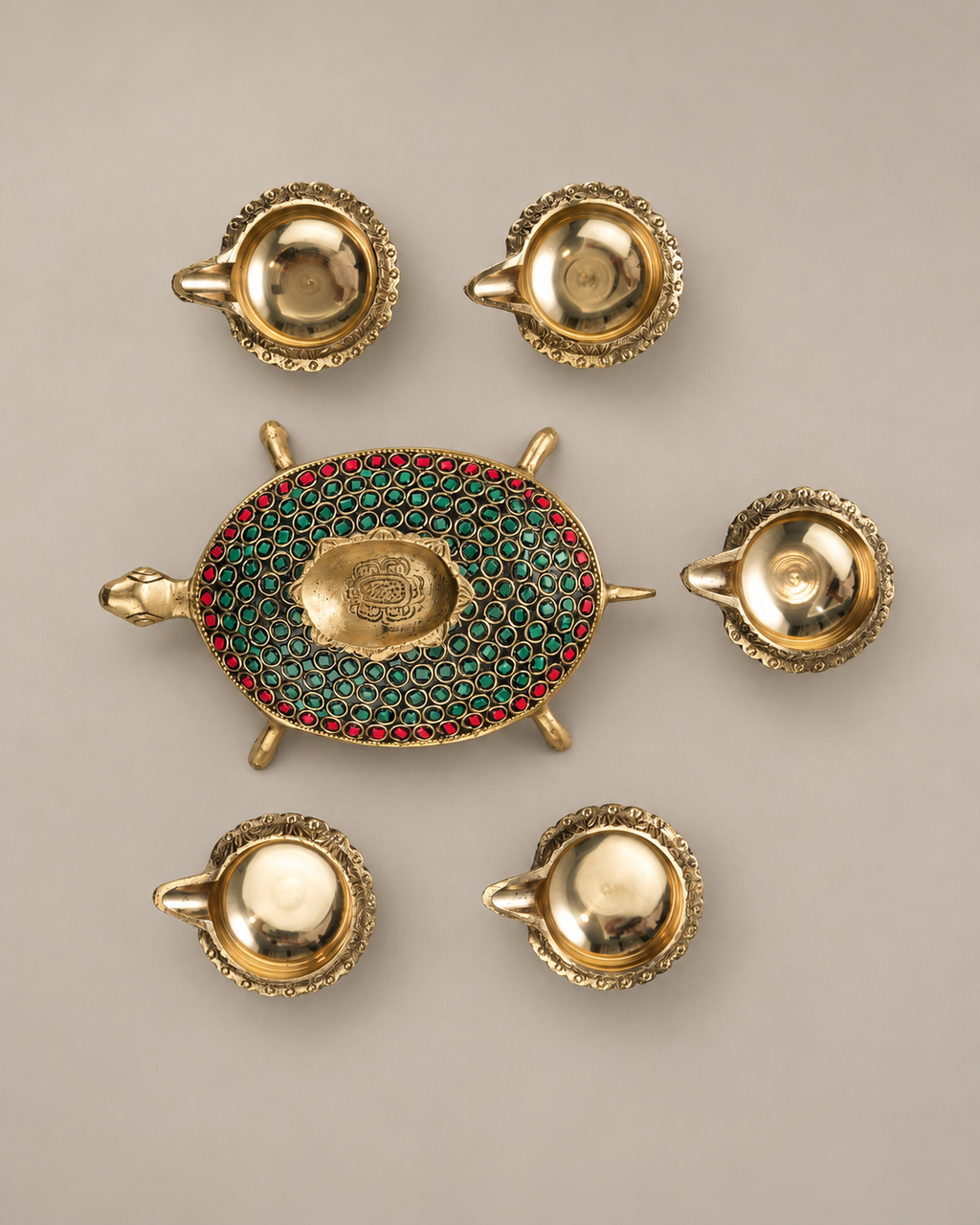 Brass Turtle Diya with Stone Work — Alternate view