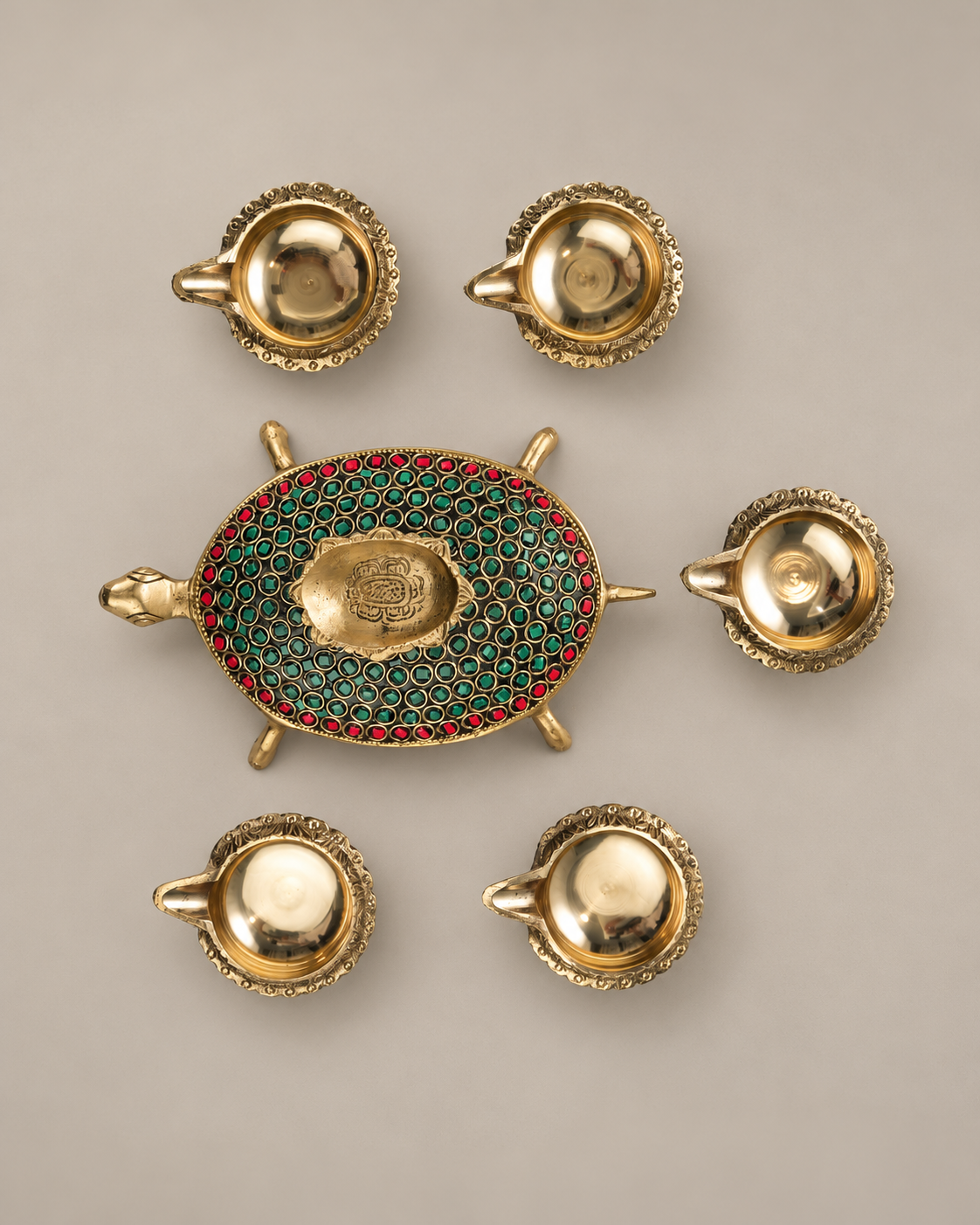 Brass Turtle Diya with Stone Work — Alternate view