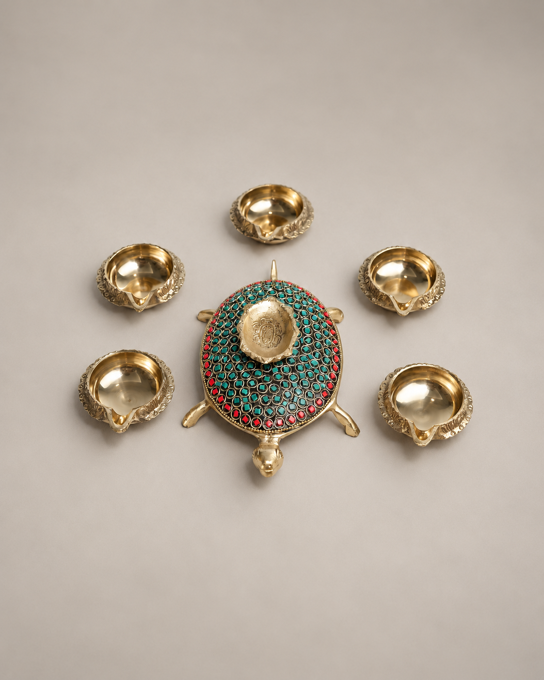 Brass Turtle Diya with Stone Work — Wider hero