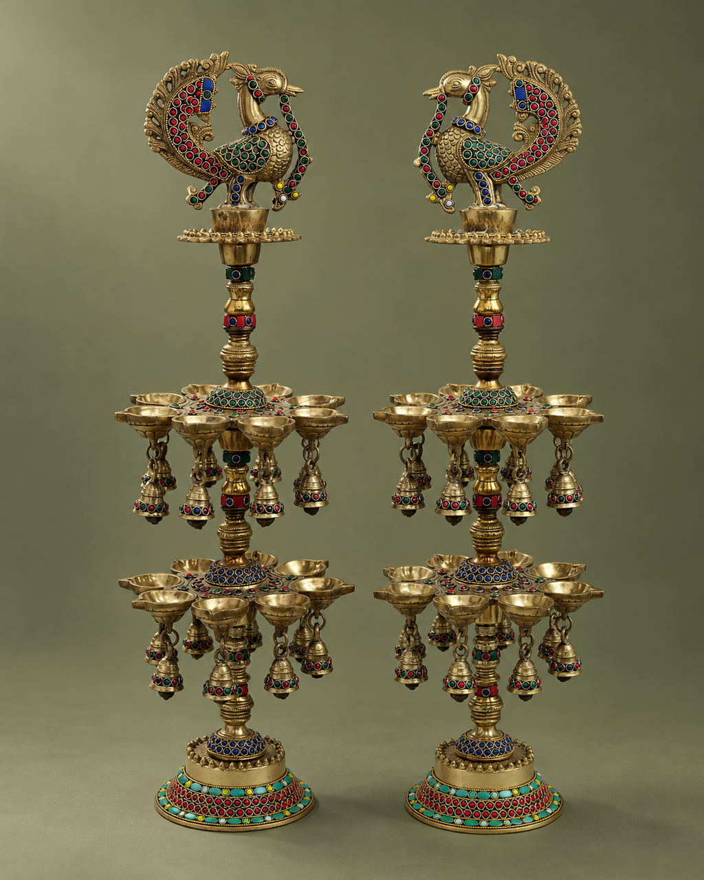 Brass Peacock Deepmala Pair with Stone Work — Three-quarter hero