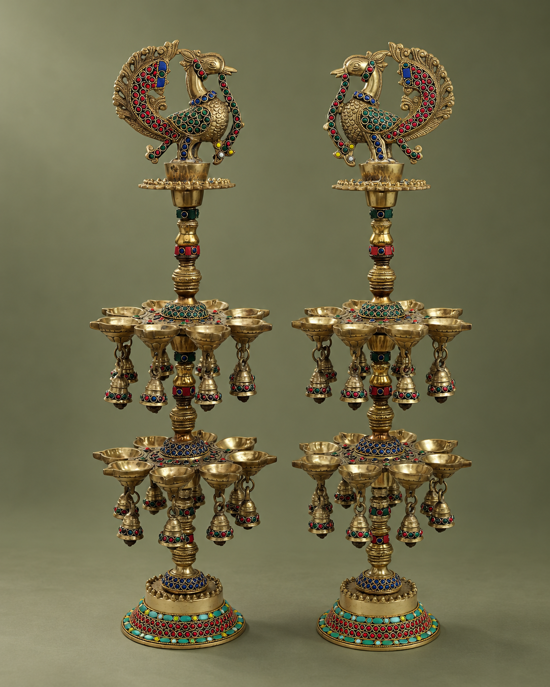 Brass Peacock Deepmala Pair with Stone Work — Three-quarter hero