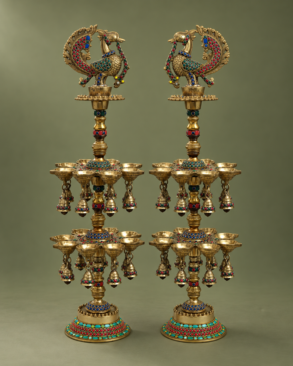 Brass Peacock Deepmala Pair with Stone Work — Front view