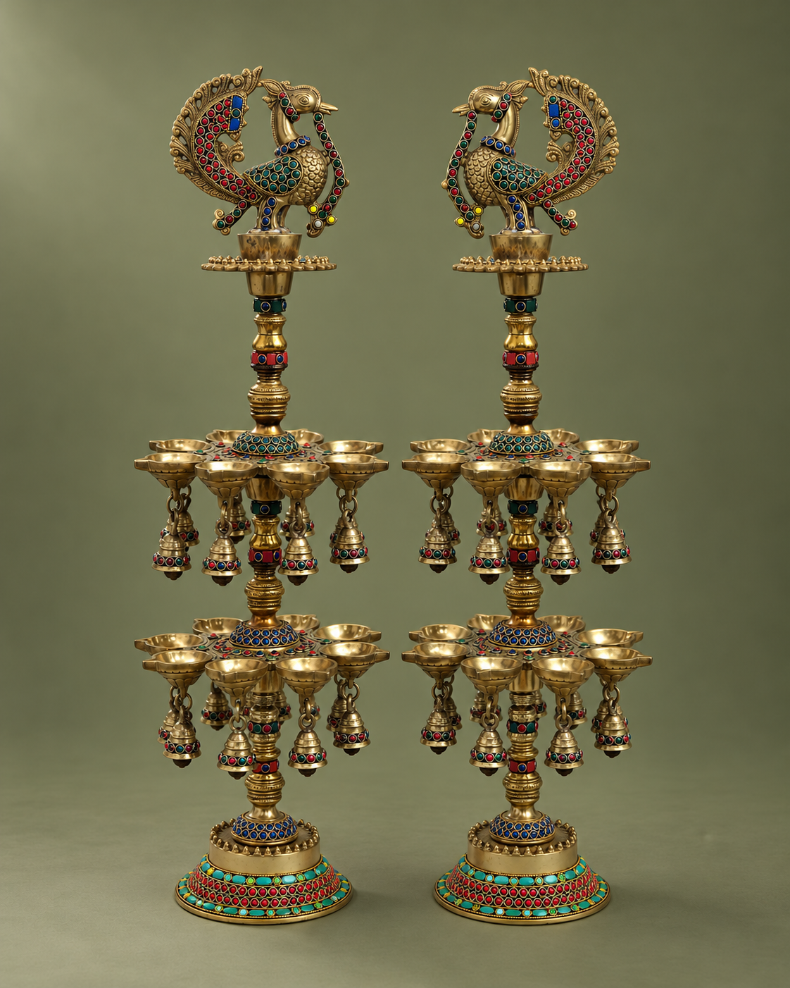 Brass Peacock Deepmala Pair with Stone Work — Front view