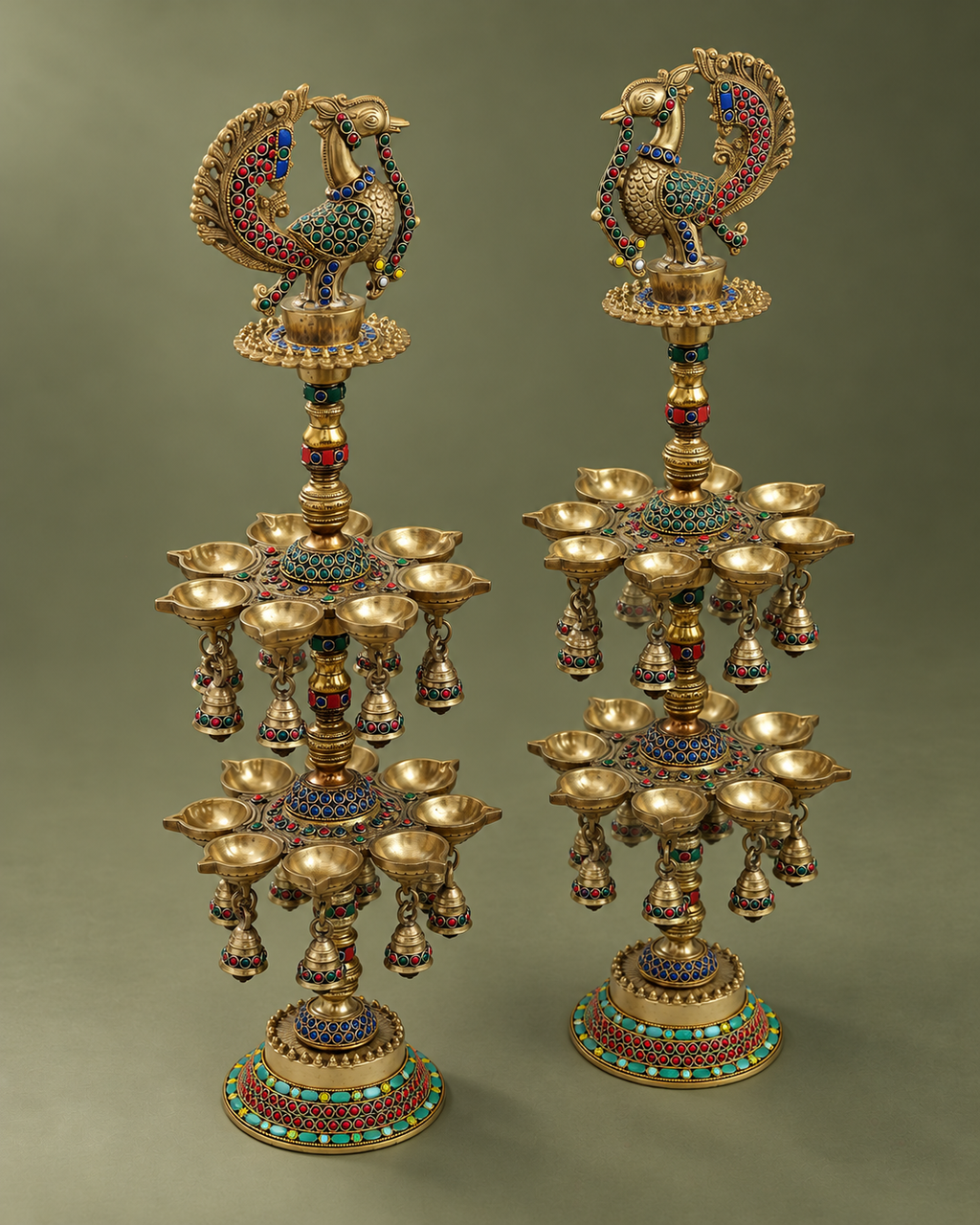 Brass Peacock Deepmala Pair with Stone Work — Alternate view