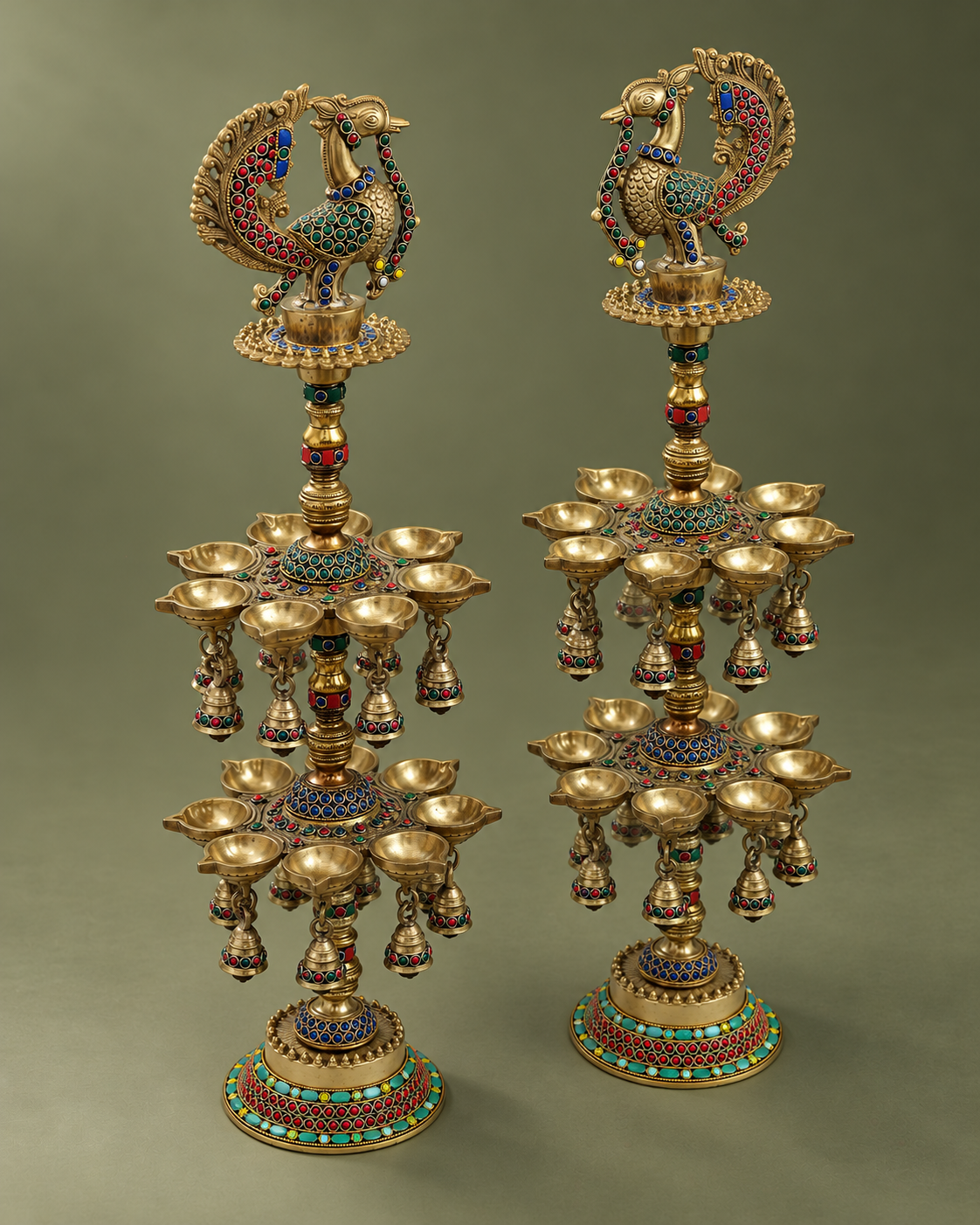 Brass Peacock Deepmala Pair with Stone Work — Alternate view
