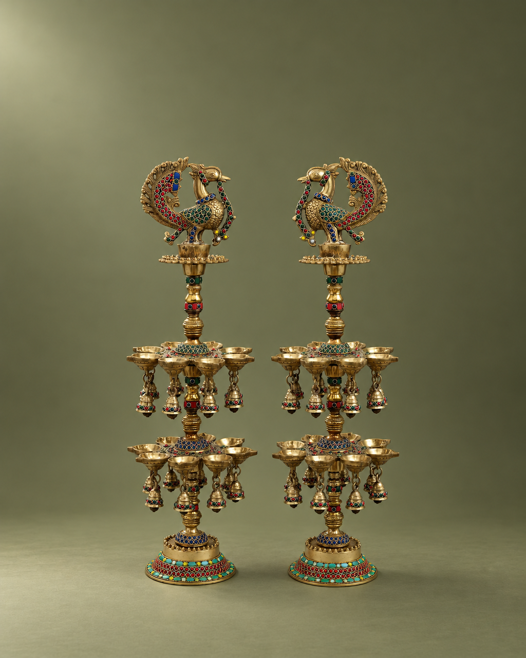 Brass Peacock Deepmala Pair with Stone Work — Wider hero