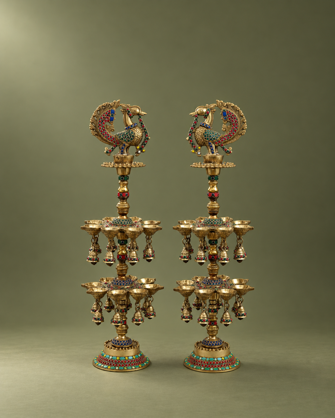 Brass Peacock Deepmala Pair with Stone Work — Wider hero