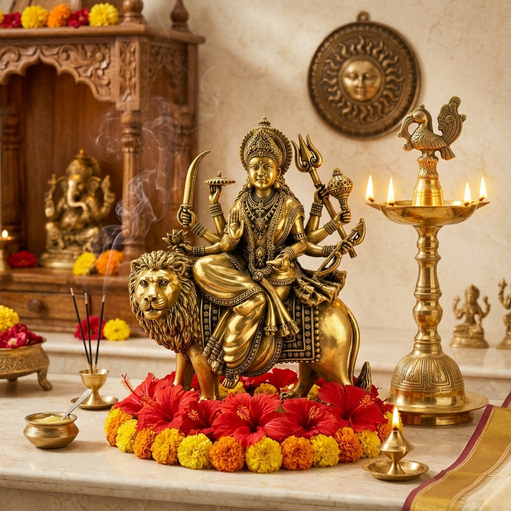 Handcrafted Brass Goddess Durga on Lion Sculpture (Ashtabhuja 12-Inch)