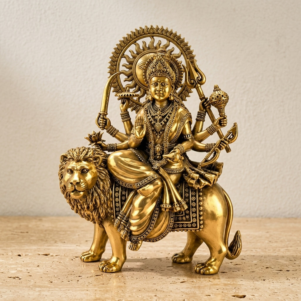 Handcrafted Brass Goddess Durga on Lion Sculpture (Ashtabhuja 12-Inch)