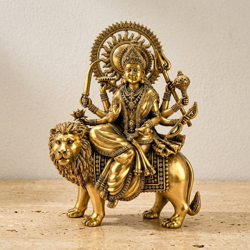 Handcrafted Brass Goddess Durga on Lion Sculpture (Ashtabhuja 12-Inch)