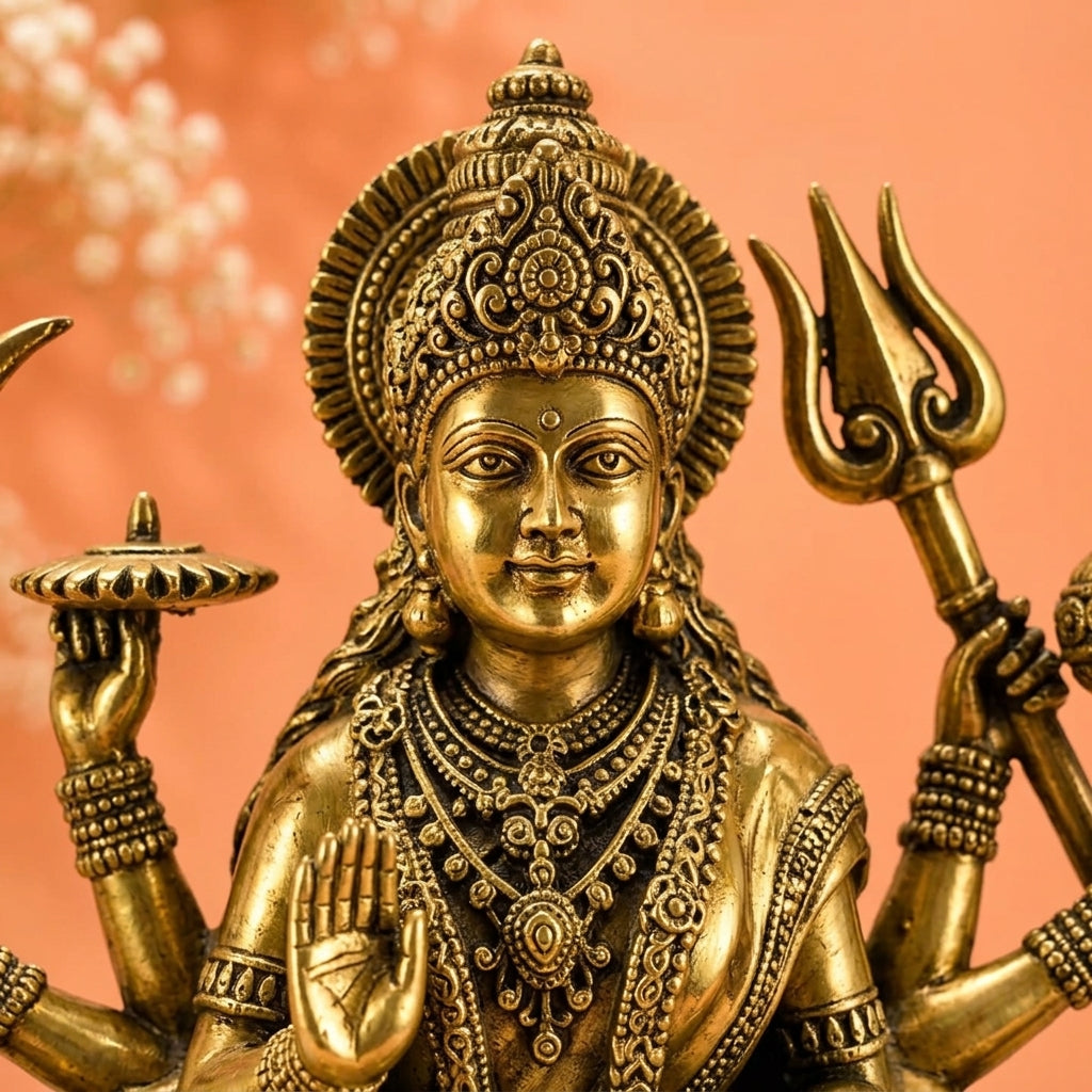 Handcrafted Brass Goddess Durga on Lion Sculpture (Ashtabhuja 12-Inch)