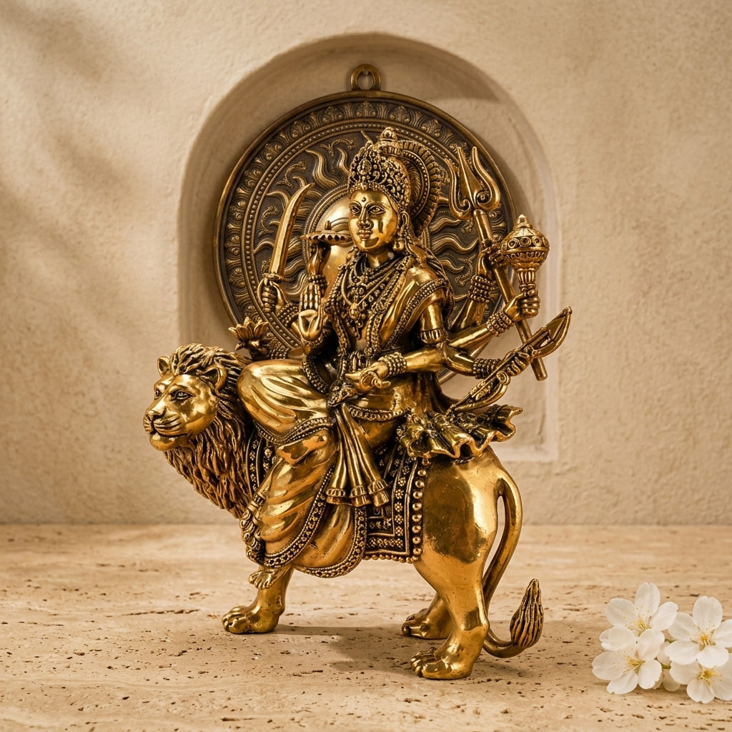 Handcrafted Brass Goddess Durga on Lion Sculpture (Ashtabhuja 12-Inch)