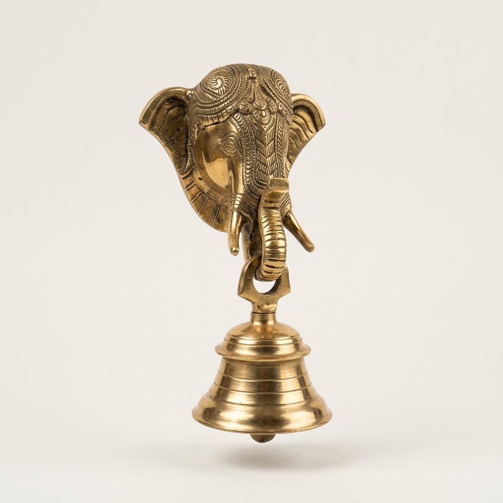 Handcrafted Brass Wall Hanging Elephant Mask with Temple Bell (9 Inches)