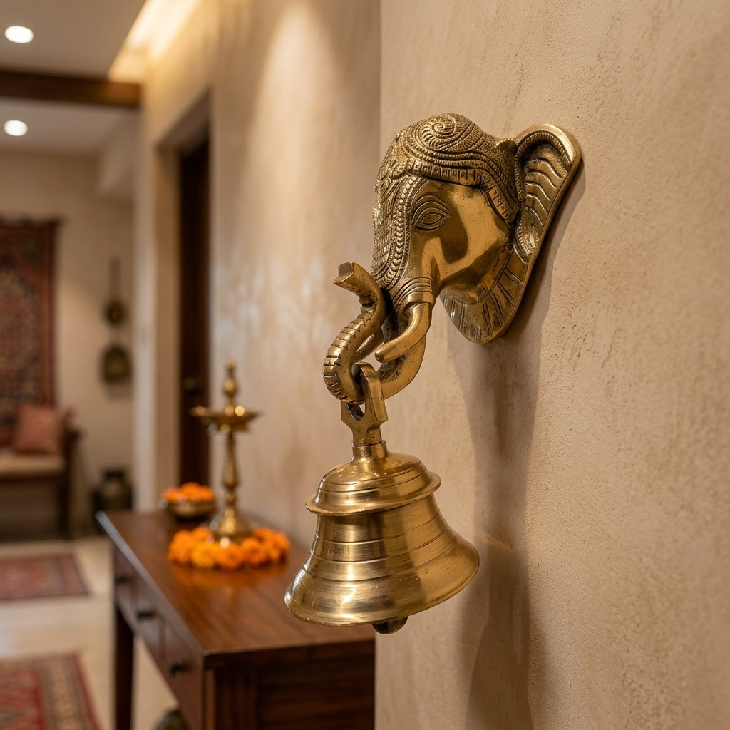 Handcrafted Brass Wall Hanging Elephant Mask with Temple Bell (9 Inches)