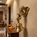 Handcrafted Brass Wall Hanging Elephant Mask with Temple Bell (9 Inches)