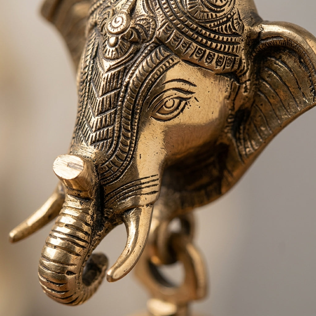 Handcrafted Brass Wall Hanging Elephant Mask with Temple Bell (9 Inches)