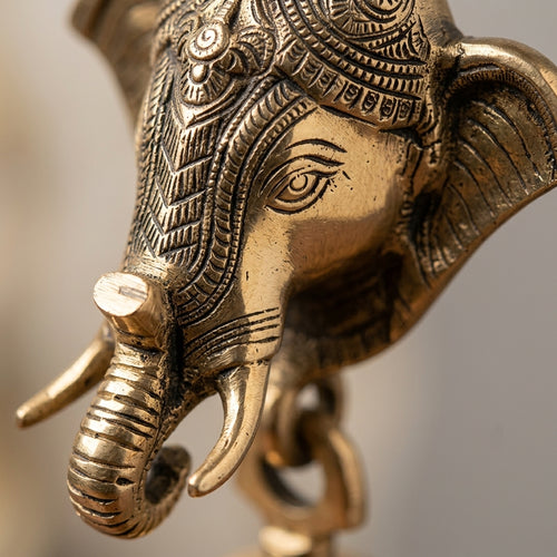 Handcrafted Brass Wall Hanging Elephant Mask with Temple Bell (9 Inches)