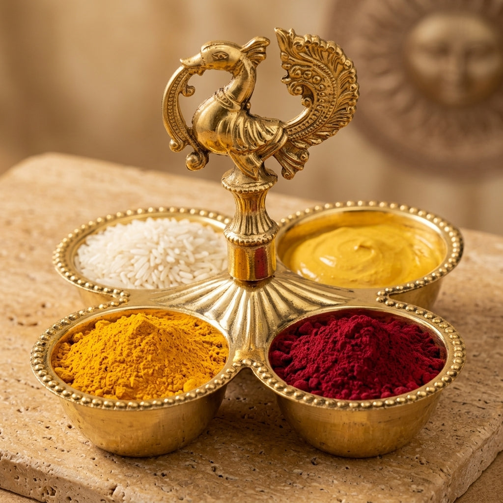 Handcrafted Peacock Brass Haldi Kumkum Karanda (4-Cup Pooja Container)
