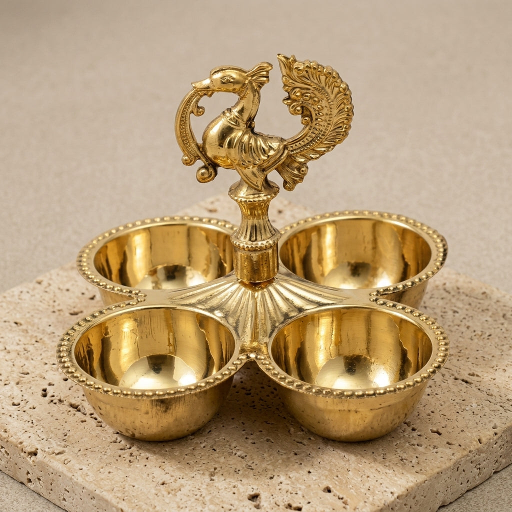 Handcrafted Peacock Brass Haldi Kumkum Karanda (4-Cup Pooja Container)