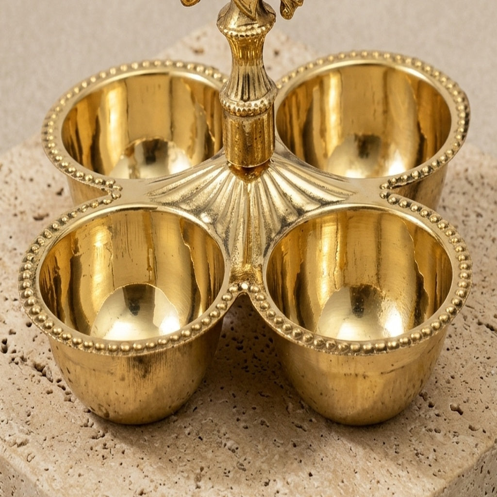 Handcrafted Peacock Brass Haldi Kumkum Karanda (4-Cup Pooja Container)