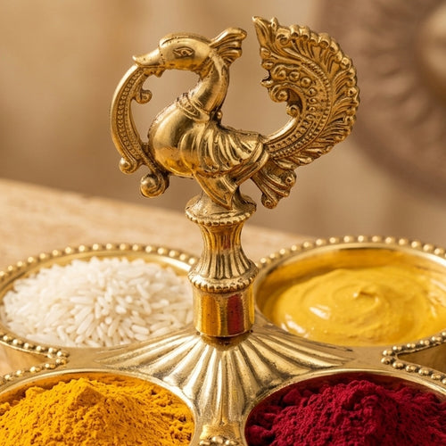 Handcrafted Peacock Brass Haldi Kumkum Karanda (4-Cup Pooja Container)