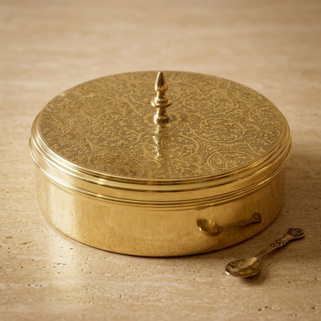 Hand-Etched Brass Masala Dabba (Dual-Lid Spice Box with Spoon)