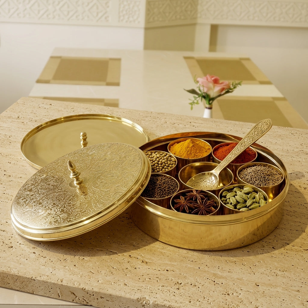 Hand-Etched Brass Masala Dabba (Dual-Lid Spice Box with Spoon)