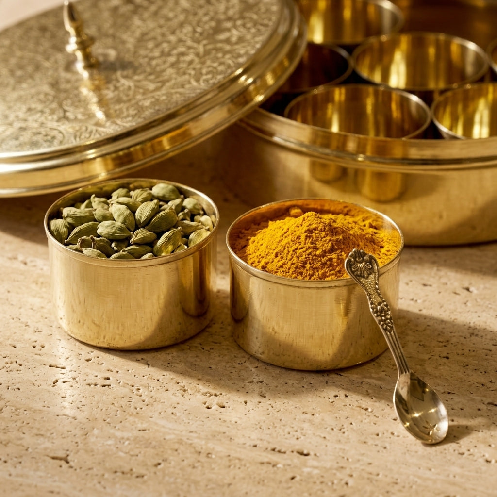 Hand-Etched Brass Masala Dabba (Dual-Lid Spice Box with Spoon)
