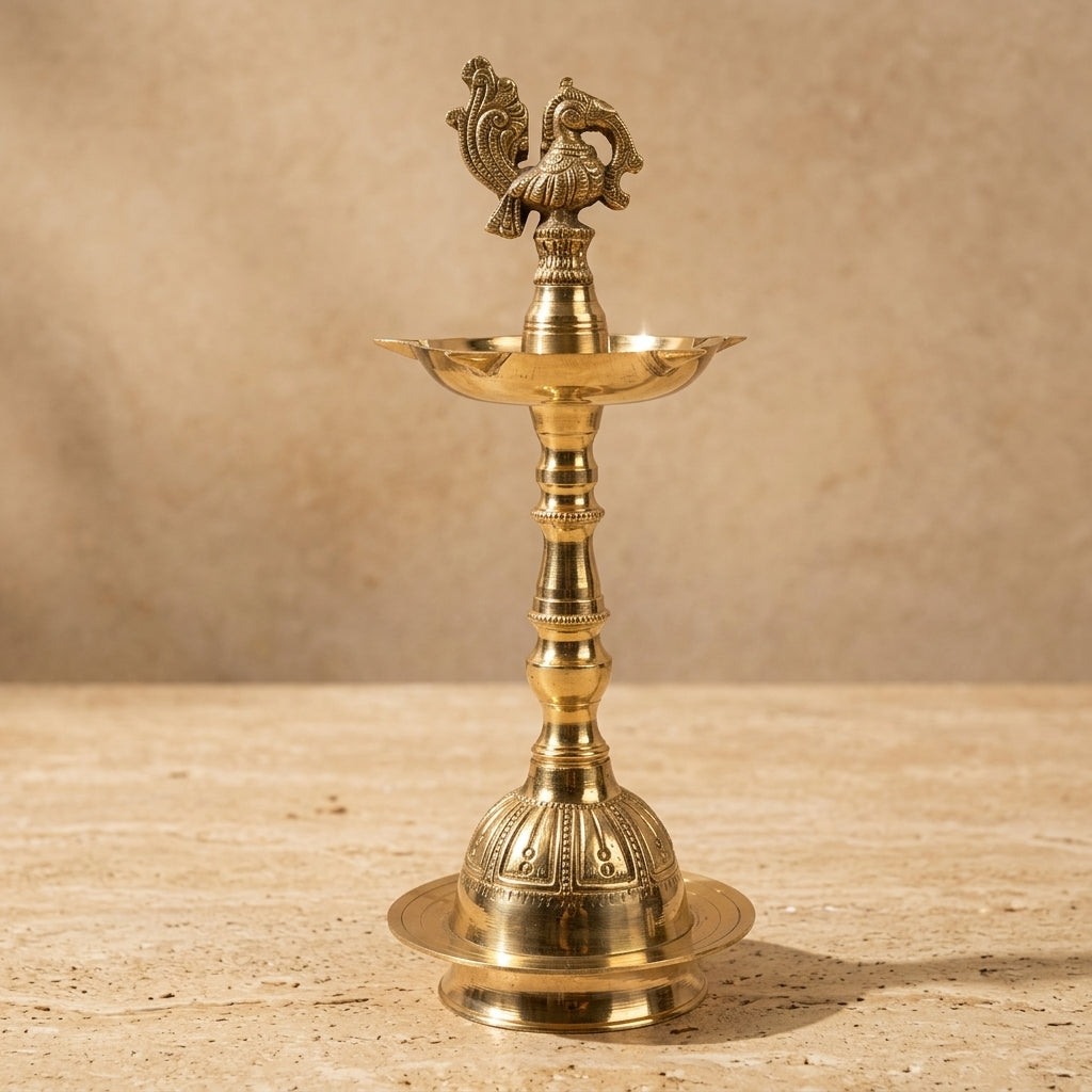 Mayura Tejas Embossed Brass Peacock Kerala Samai Diya (9.5 Inch)