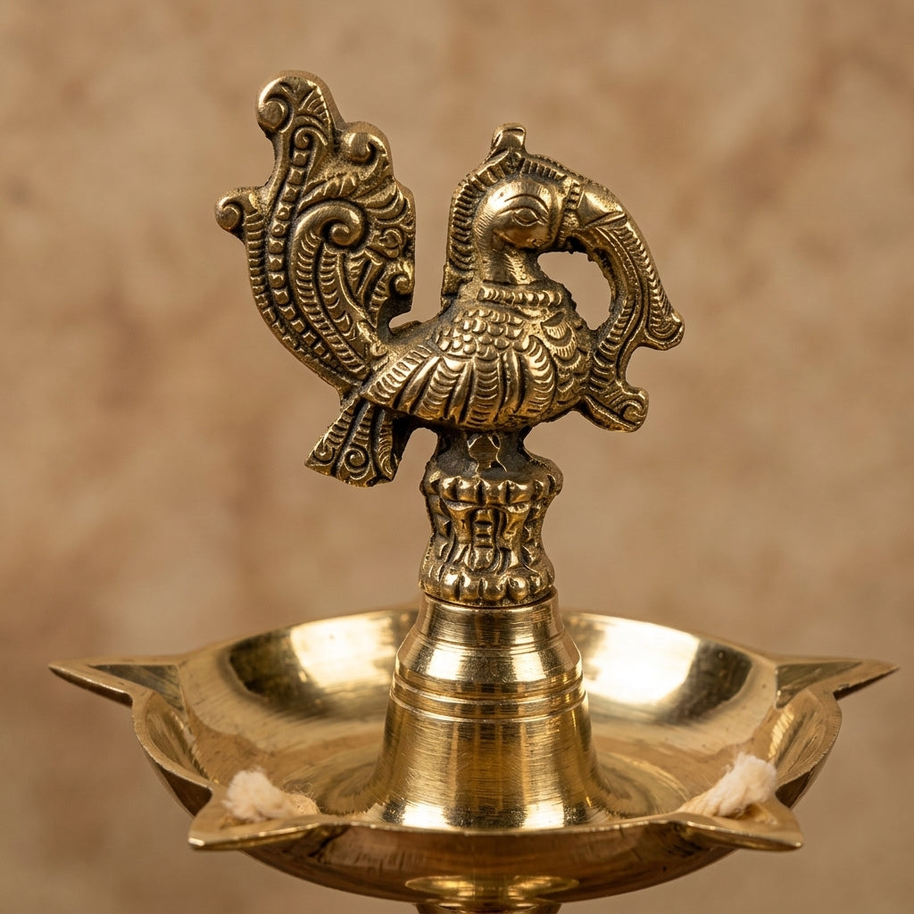 Mayura Tejas Embossed Brass Peacock Kerala Samai Diya (9.5 Inch)